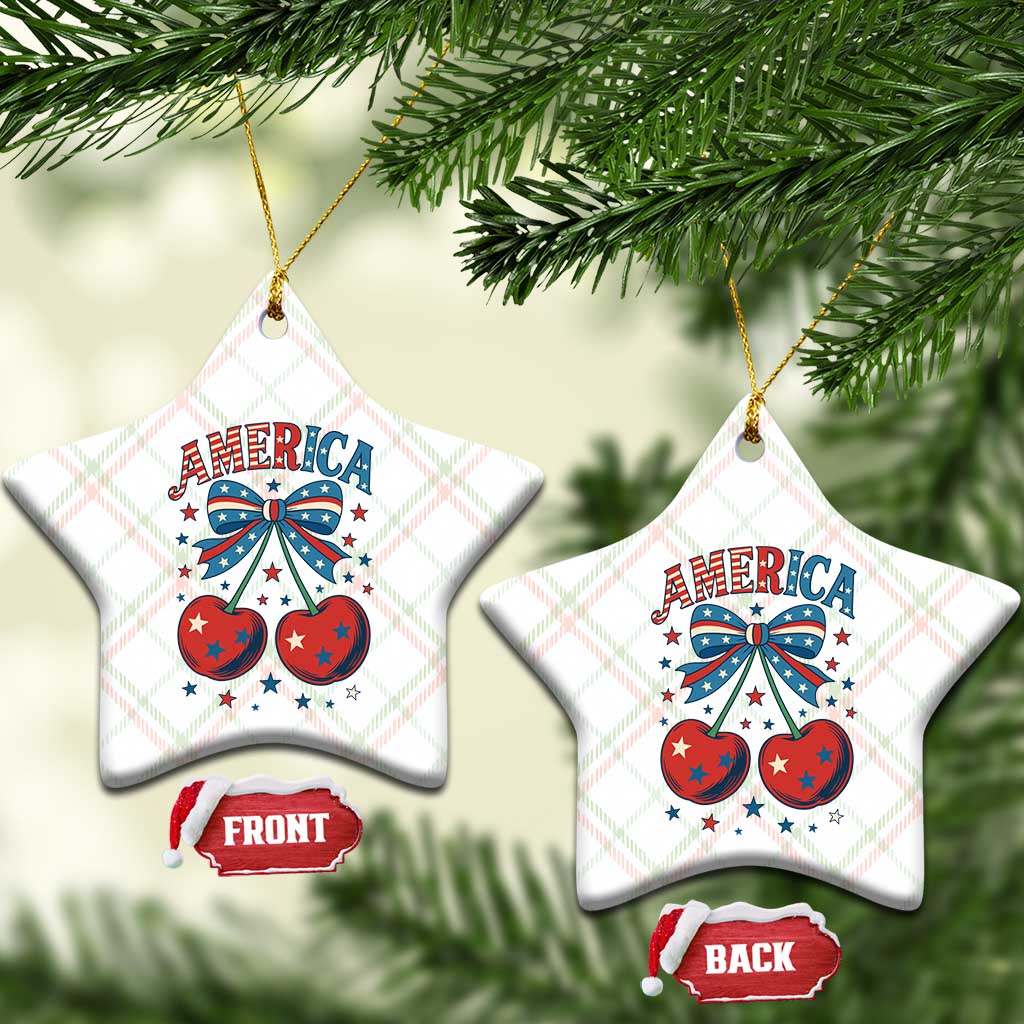 Retro Americana Cherries and Stars Coquette Bow Ceramic Ornament America Cute Patriotic 4th Of July US TS02 Print Your Wear