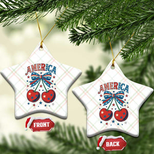 Retro Americana Cherries and Stars Coquette Bow Ceramic Ornament America Cute Patriotic 4th Of July US TS02 Print Your Wear
