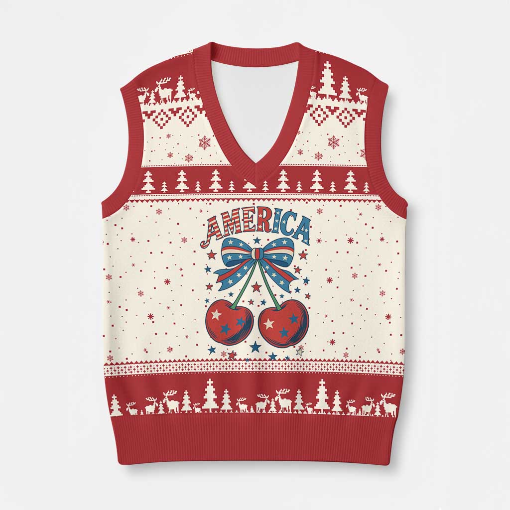 Retro Americana Cherries and Stars Coquette Bow V-Neck Knit Sweater Vest America Cute Patriotic 4th Of July US TS02 Beige Red Print Your Wear