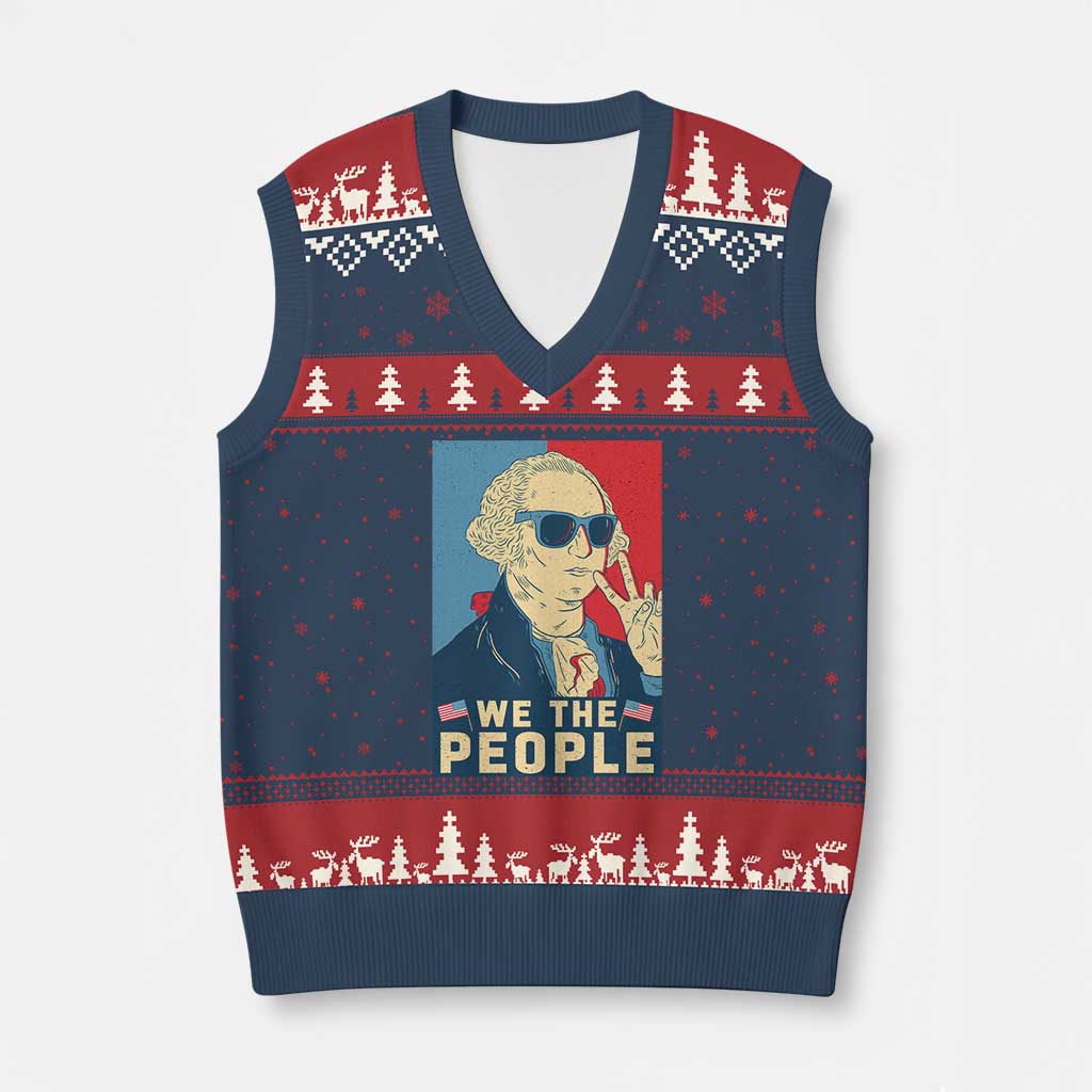 We the People Retro George Washington V-Neck Knit Sweater Vest Patriotic American Founding Fathers Peace Sign TS02 Navy Red Print Your Wear
