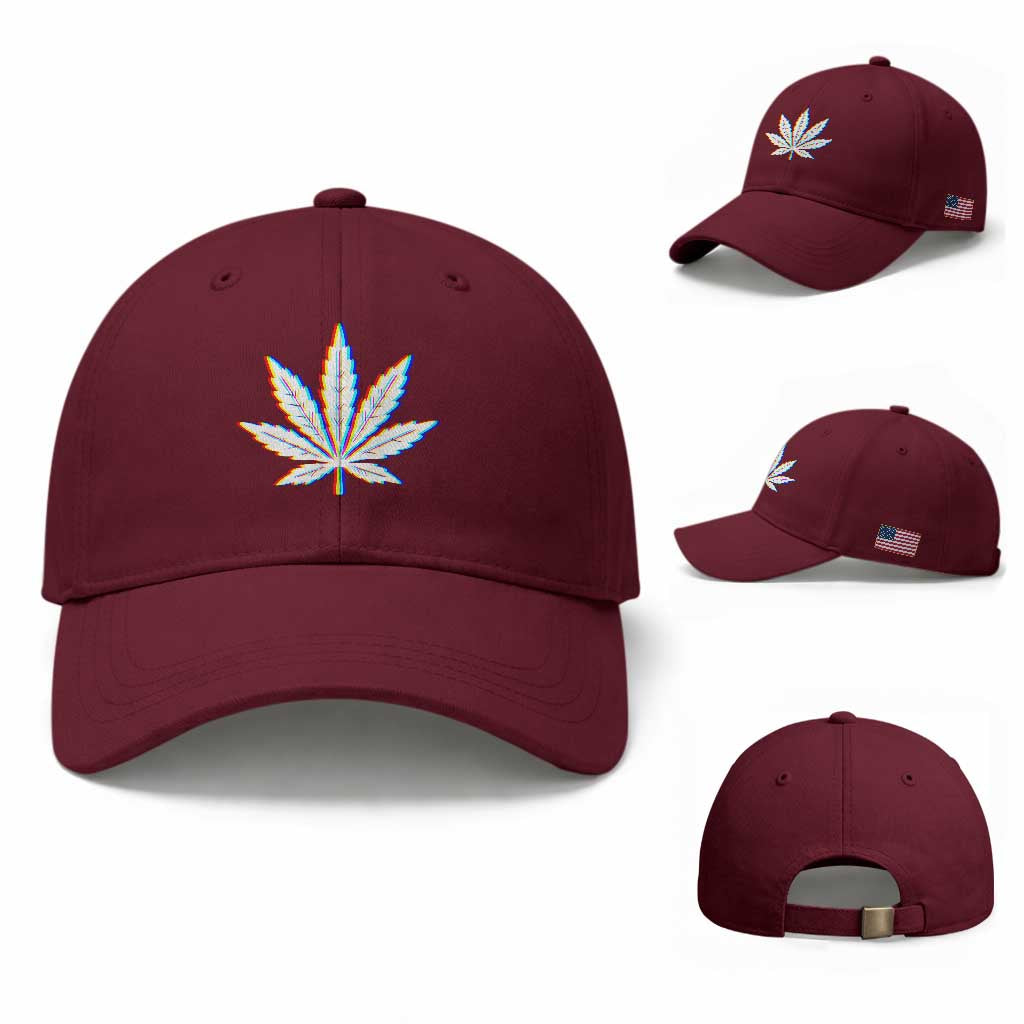 Cannabis Leaf Glitch Effect Graphic Baseball Cap Retro RGB Distortion Weed and Stoner Lifestyle TS02 Baseball Cap Universal Fit Maroon Print Your Wear