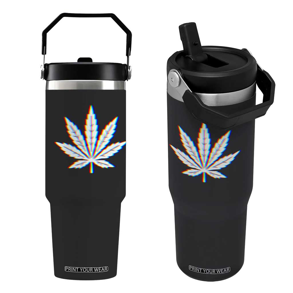 Cannabis Leaf Glitch Effect Graphic Flip Straw Tumbler Retro RGB Distortion Weed and Stoner Lifestyle
