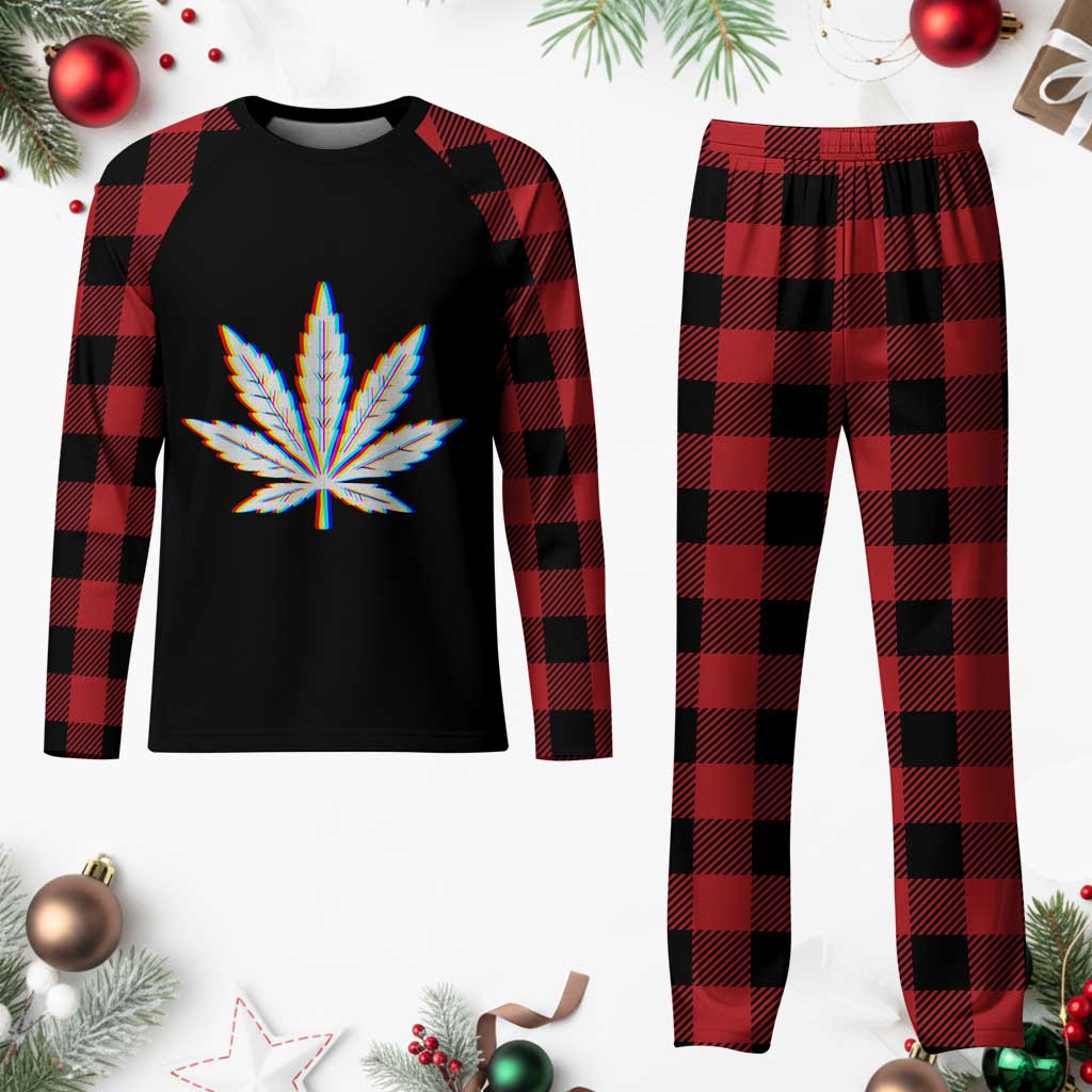 Cannabis Leaf Glitch Effect Graphic Plaid Pajama Set Retro RGB Distortion Weed and Stoner Lifestyle TS02 Buffalo Plaid Print Your Wear