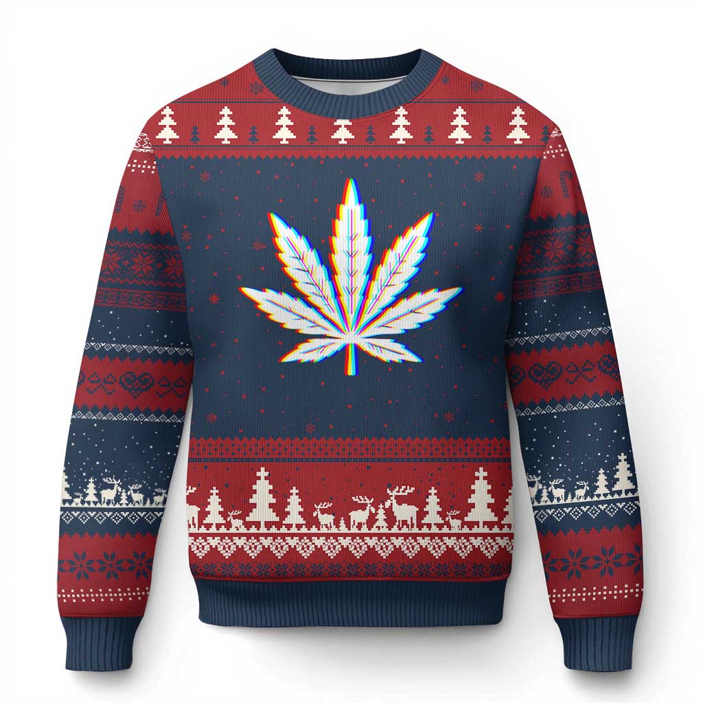 Cannabis Leaf Glitch Effect Graphic Ugly Christmas Sweater Retro RGB Distortion Weed and Stoner Lifestyle TS02 Navy Red Print Your Wear