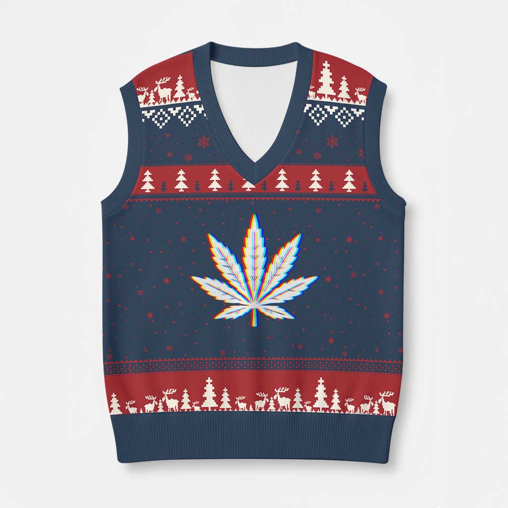 Cannabis Leaf Glitch Effect Graphic V-Neck Knit Sweater Vest Retro RGB Distortion Weed and Stoner Lifestyle TS02 Navy Red Print Your Wear