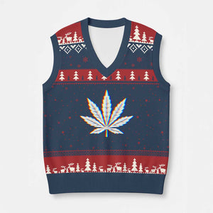 Cannabis Leaf Glitch Effect Graphic V-Neck Knit Sweater Vest Retro RGB Distortion Weed and Stoner Lifestyle TS02 Navy Red Print Your Wear