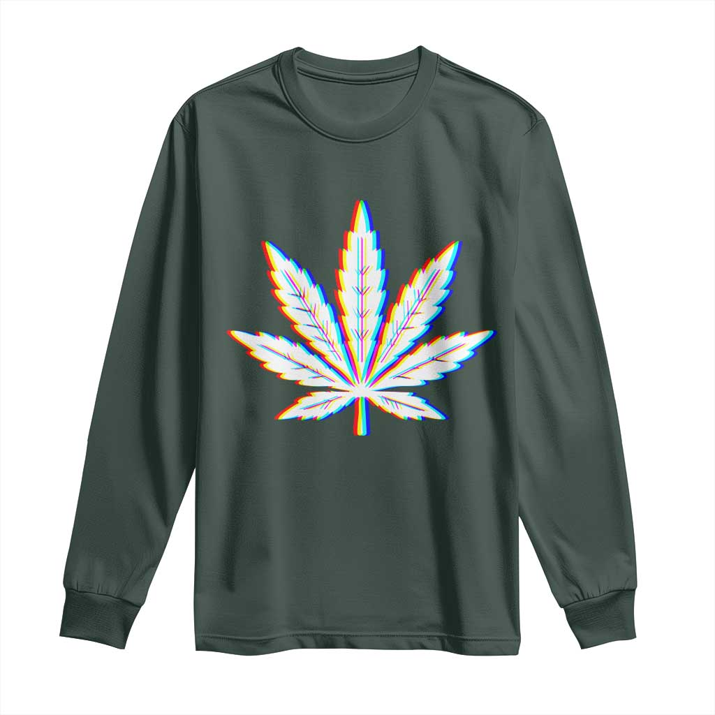 Cannabis Leaf Glitch Effect Graphic Long Sleeve Shirt Retro RGB Distortion Weed and Stoner Lifestyle TS02 Dark Forest Green Print Your Wear