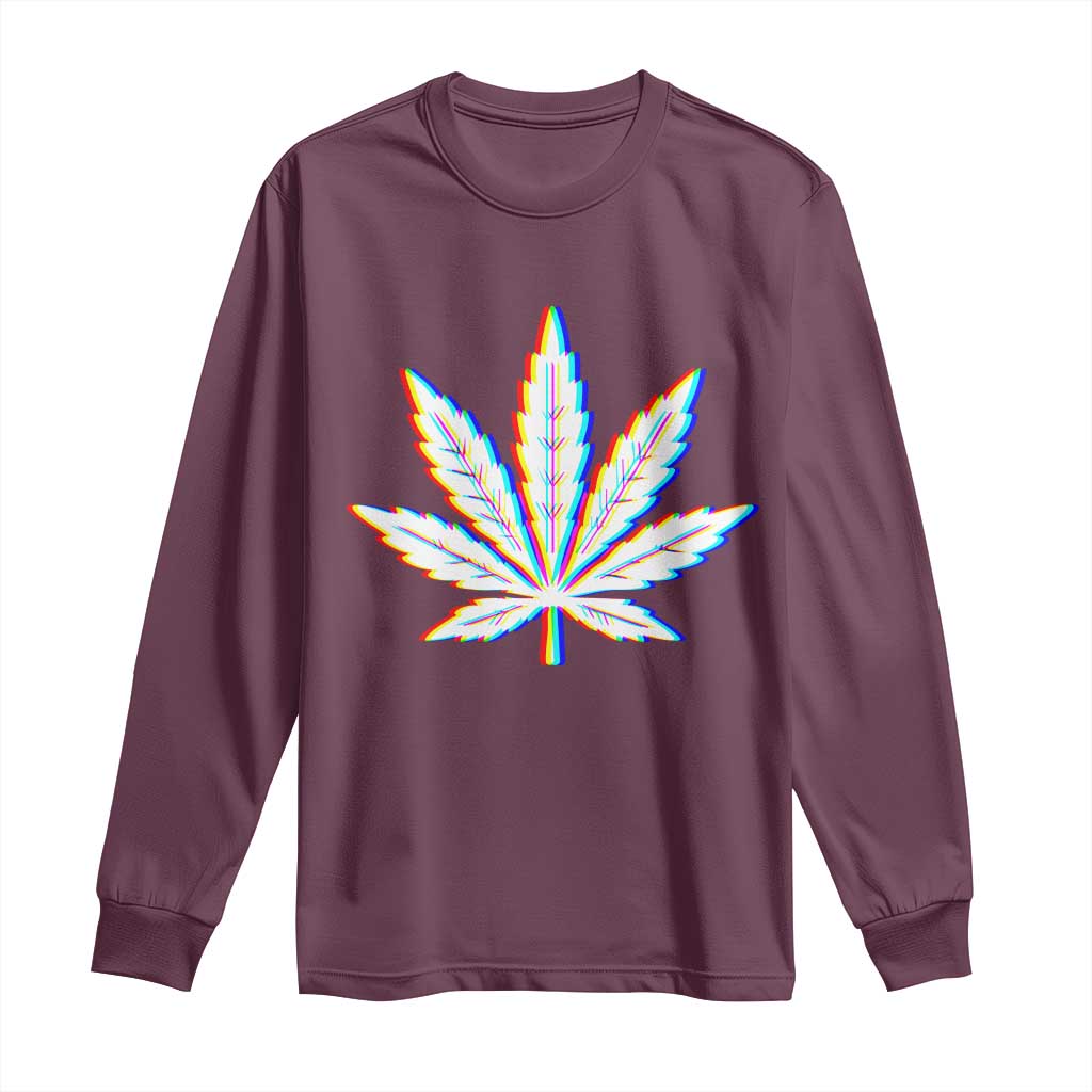 Cannabis Leaf Glitch Effect Graphic Long Sleeve Shirt Retro RGB Distortion Weed and Stoner Lifestyle TS02 Maroon Print Your Wear