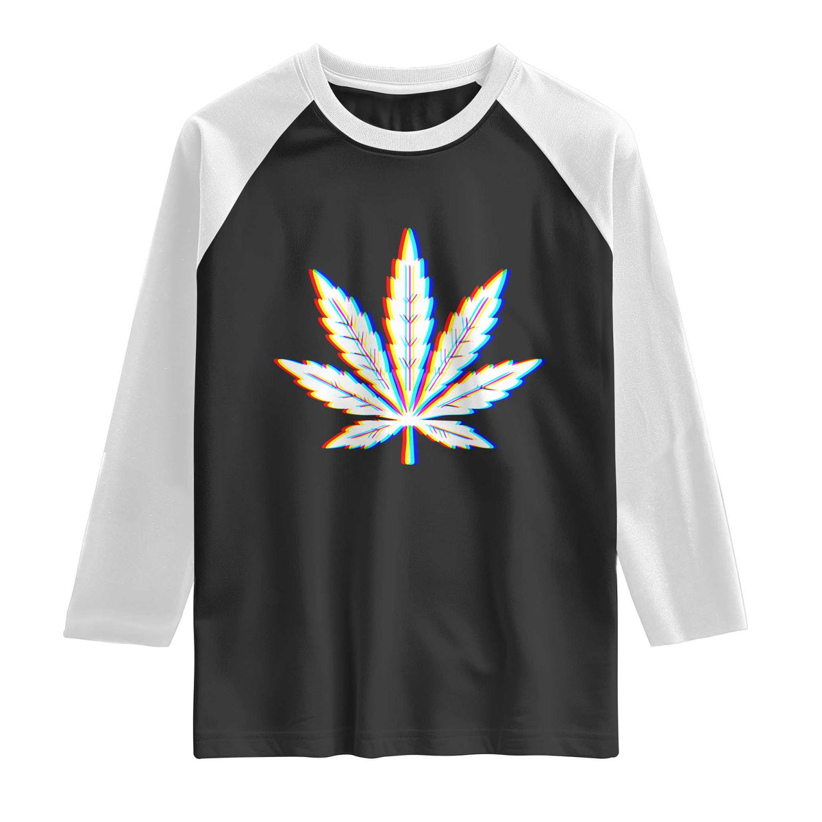Cannabis Leaf Glitch Effect Graphic Raglan Shirt Retro RGB Distortion Weed and Stoner Lifestyle TS02 Black White Print Your Wear