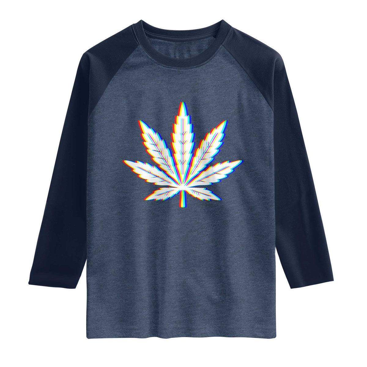 Cannabis Leaf Glitch Effect Graphic Raglan Shirt Retro RGB Distortion Weed and Stoner Lifestyle TS02 Heather Denim Navy Print Your Wear