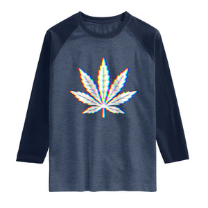 Cannabis Leaf Glitch Effect Graphic Raglan Shirt Retro RGB Distortion Weed and Stoner Lifestyle TS02 Heather Denim Navy Print Your Wear