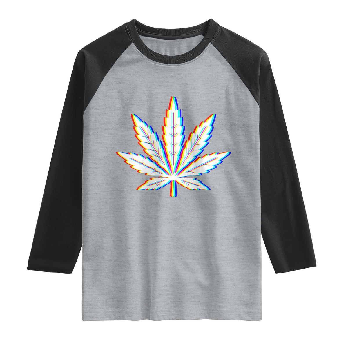Cannabis Leaf Glitch Effect Graphic Raglan Shirt Retro RGB Distortion Weed and Stoner Lifestyle TS02 Heather Gray Black Print Your Wear