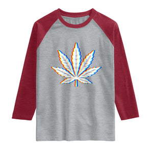 Cannabis Leaf Glitch Effect Graphic Raglan Shirt Retro RGB Distortion Weed and Stoner Lifestyle TS02 Heather Gray Heather Red Print Your Wear