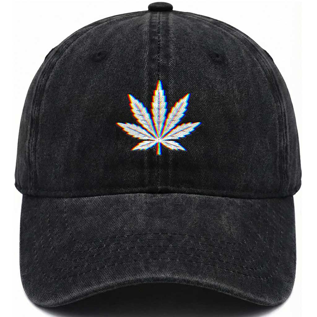 Cannabis Leaf Glitch Effect Graphic Washed Cotton Baseball Cap Retro RGB Distortion Weed and Stoner Lifestyle TS02 Print Your Wear
