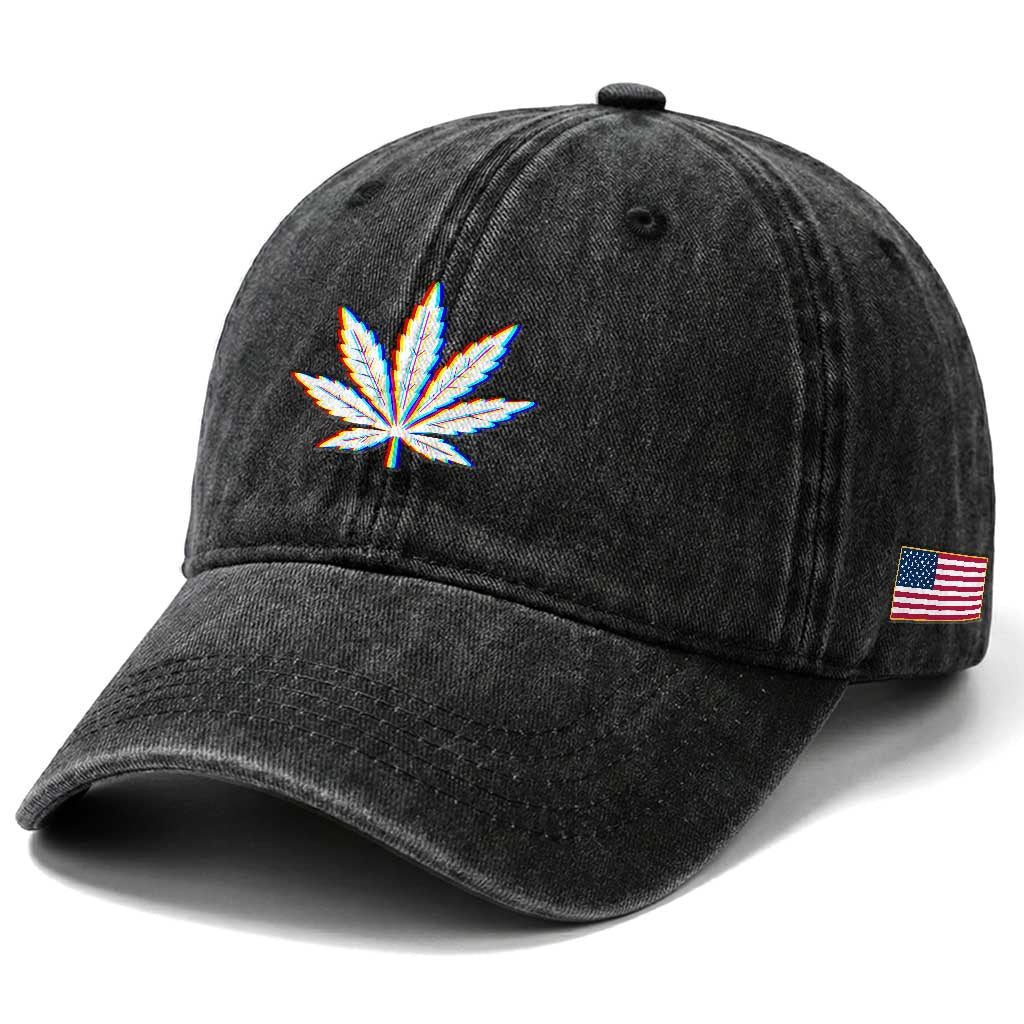 Cannabis Leaf Glitch Effect Graphic Washed Cotton Baseball Cap Retro RGB Distortion Weed and Stoner Lifestyle TS02 Print Your Wear