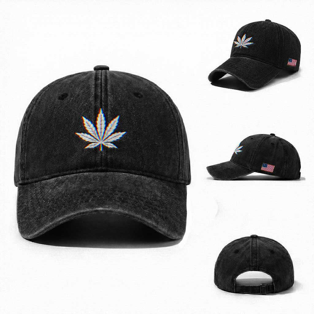 Cannabis Leaf Glitch Effect Graphic Washed Cotton Baseball Cap Retro RGB Distortion Weed and Stoner Lifestyle TS02 Washed Cap Universal Fit Black Print Your Wear