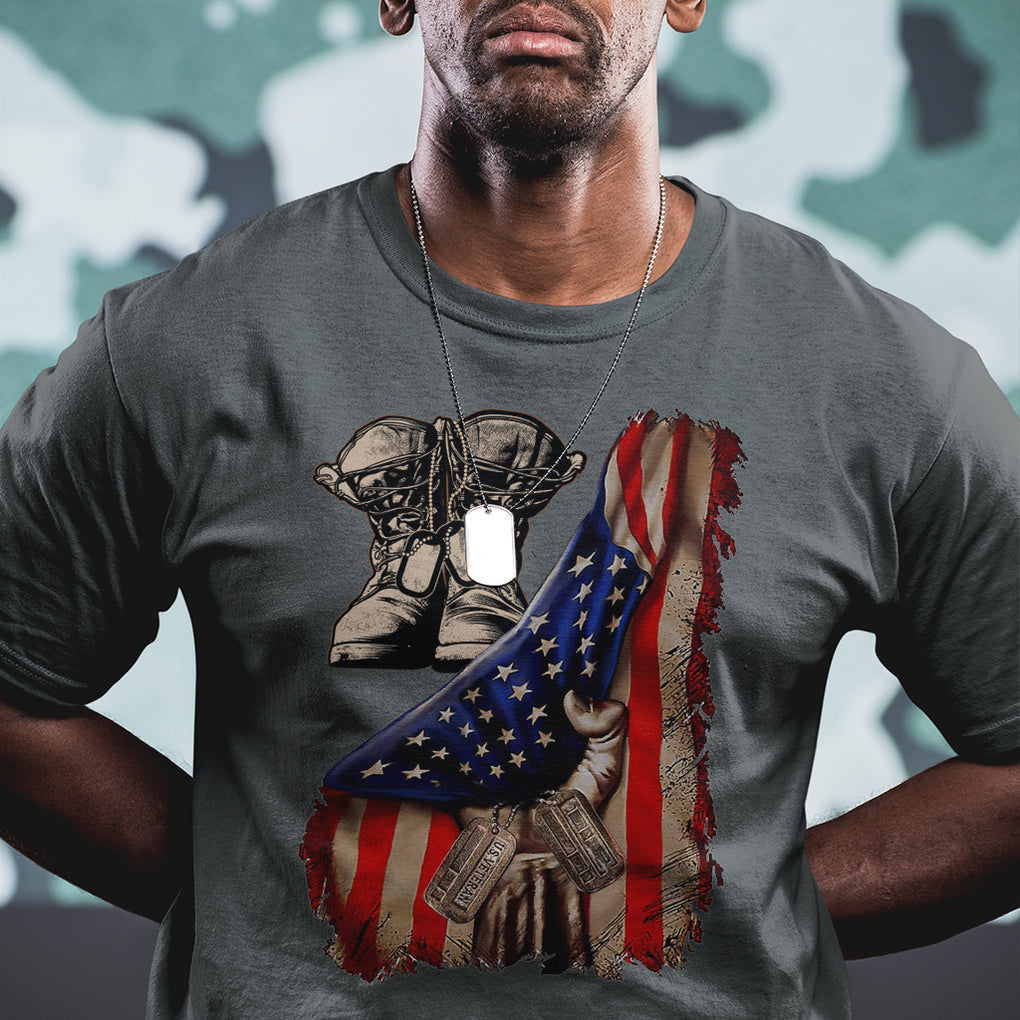 US Pride T Shirt American Flag With Combat Boots And Dog Tags TS02 Printyourwear
