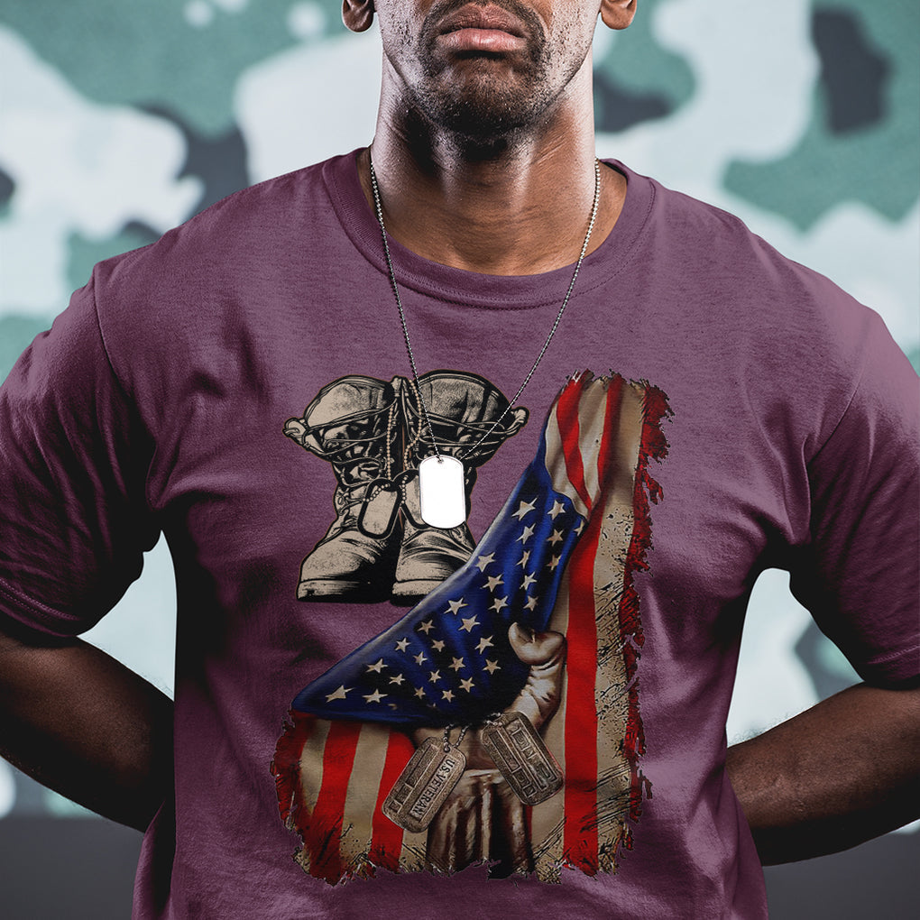 US Pride T Shirt American Flag With Combat Boots And Dog Tags TS02 Printyourwear