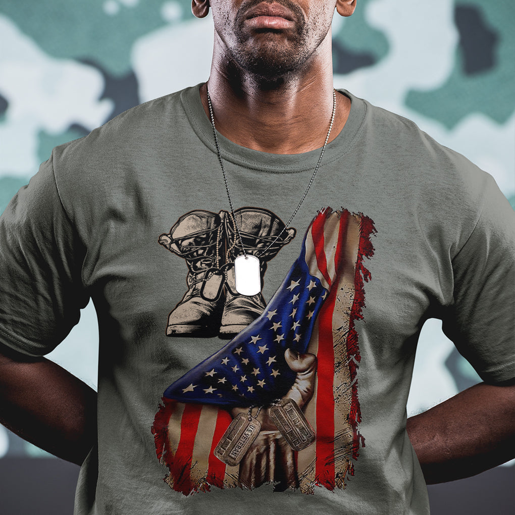 US Pride T Shirt American Flag With Combat Boots And Dog Tags TS02 Printyourwear