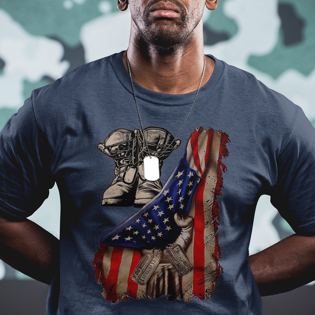 US Pride T Shirt American Flag With Combat Boots And Dog Tags TS02 Printyourwear