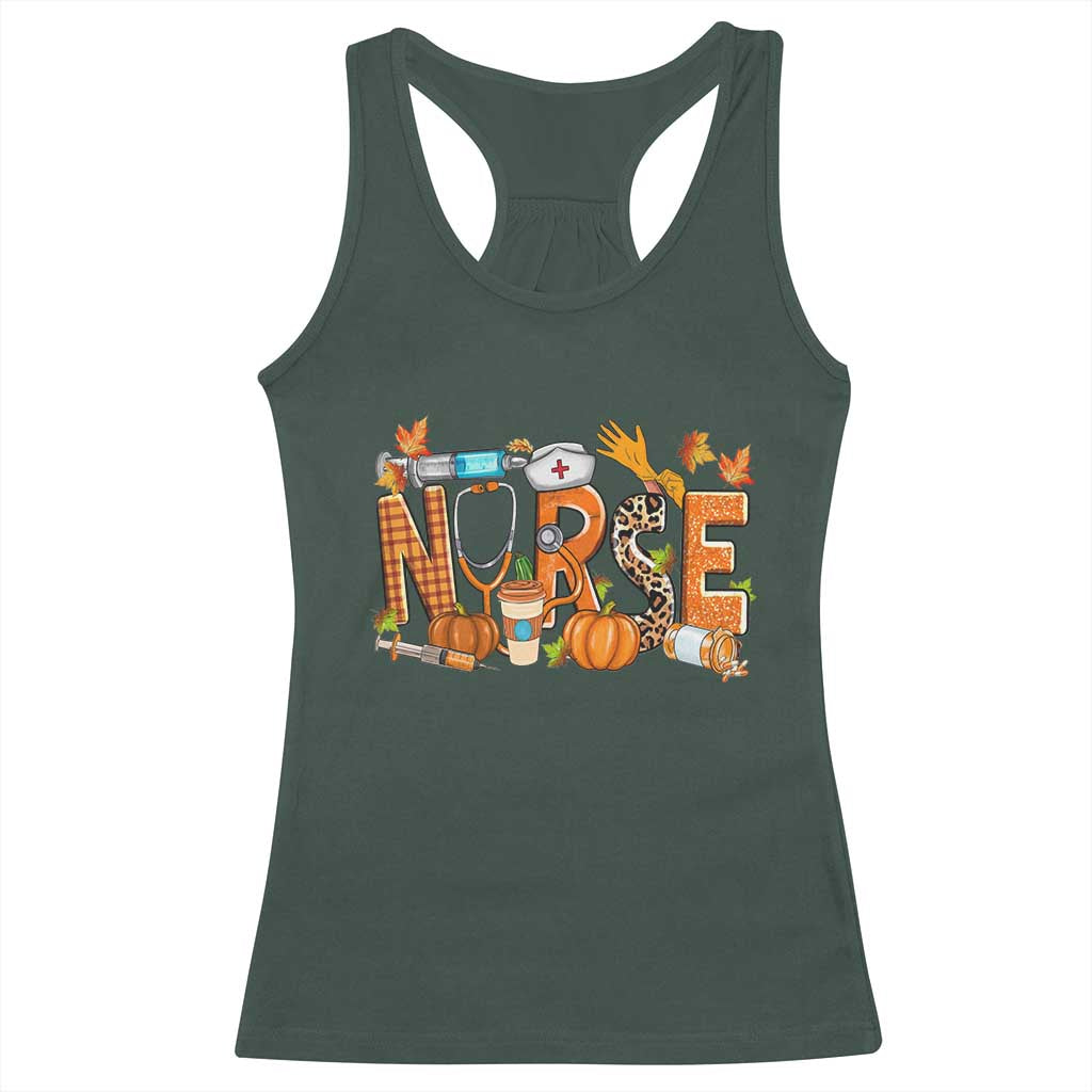 Thanksgiving Fall Nurse Racerback Tank Top One Thankful Nurse Life Autumn Pumpkin Season TS02 Dark Forest Green Print Your Wear