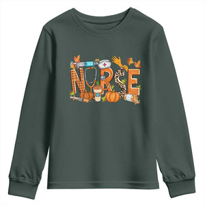 Thanksgiving Fall Nurse Youth Sweatshirt One Thankful Nurse Life Autumn Pumpkin Season TS02 Dark Forest Green Print Your Wear