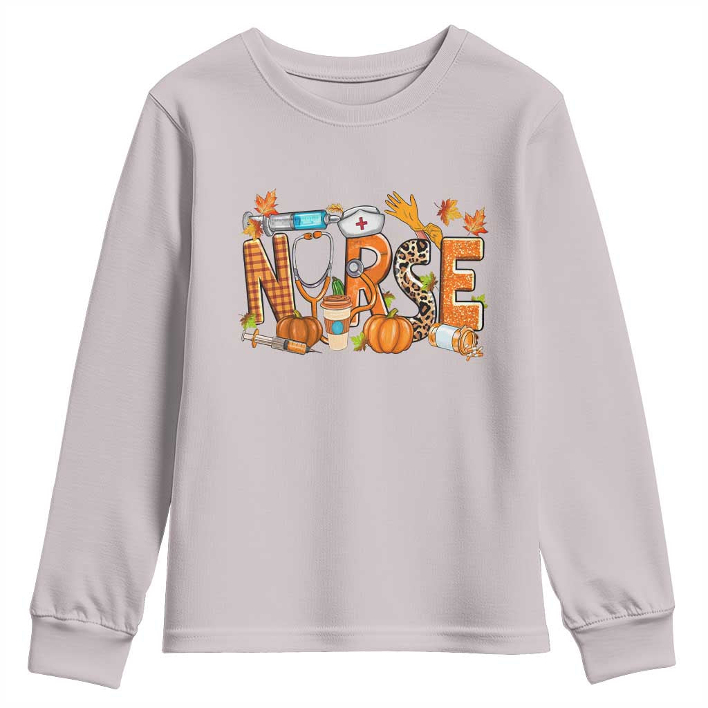 Thanksgiving Fall Nurse Youth Sweatshirt One Thankful Nurse Life Autumn Pumpkin Season TS02 Ice Gray Print Your Wear