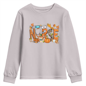 Thanksgiving Fall Nurse Youth Sweatshirt One Thankful Nurse Life Autumn Pumpkin Season TS02 Ice Gray Print Your Wear