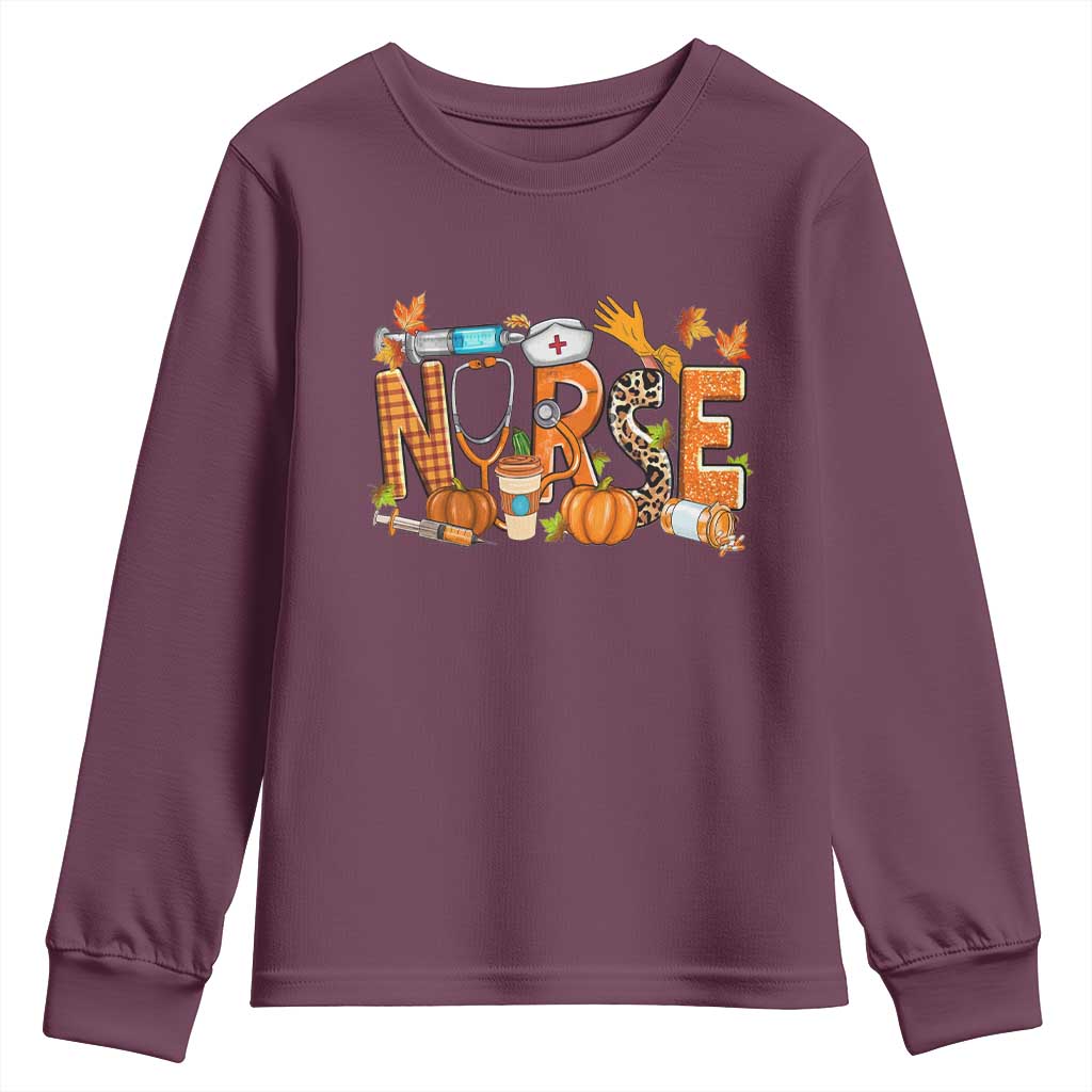 Thanksgiving Fall Nurse Youth Sweatshirt One Thankful Nurse Life Autumn Pumpkin Season TS02 Maroon Print Your Wear