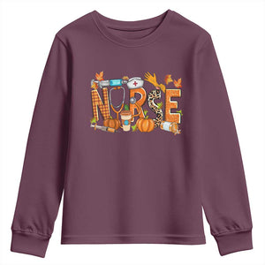 Thanksgiving Fall Nurse Youth Sweatshirt One Thankful Nurse Life Autumn Pumpkin Season TS02 Maroon Print Your Wear