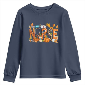 Thanksgiving Fall Nurse Youth Sweatshirt One Thankful Nurse Life Autumn Pumpkin Season TS02 Navy Print Your Wear