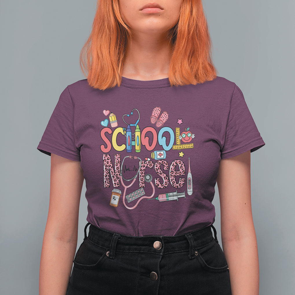 School Nurse T Shirt For Women Leopard Nursing School RN TS02 Maroon Printyourwear