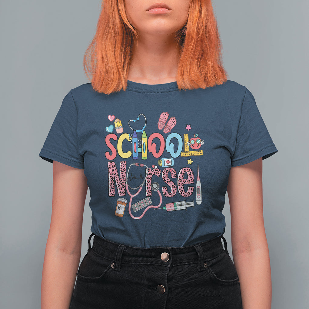 School Nurse T Shirt For Women Leopard Nursing School RN TS02 Navy Printyourwear