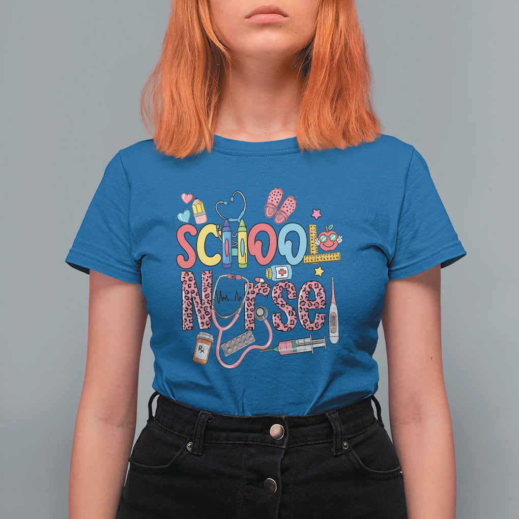 School Nurse T Shirt For Women Leopard Nursing School RN TS02 Royal Blue Printyourwear