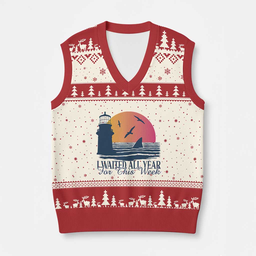 Funny Shark Lover Week V-Neck Knit Sweater Vest I Waited All Year For This Week TS02 Beige Red Print Your Wear