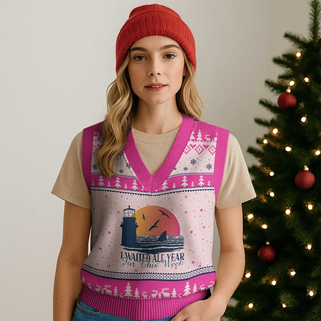 Funny Shark Lover Week V-Neck Knit Sweater Vest I Waited All Year For This Week TS02 Hot Pink Print Your Wear