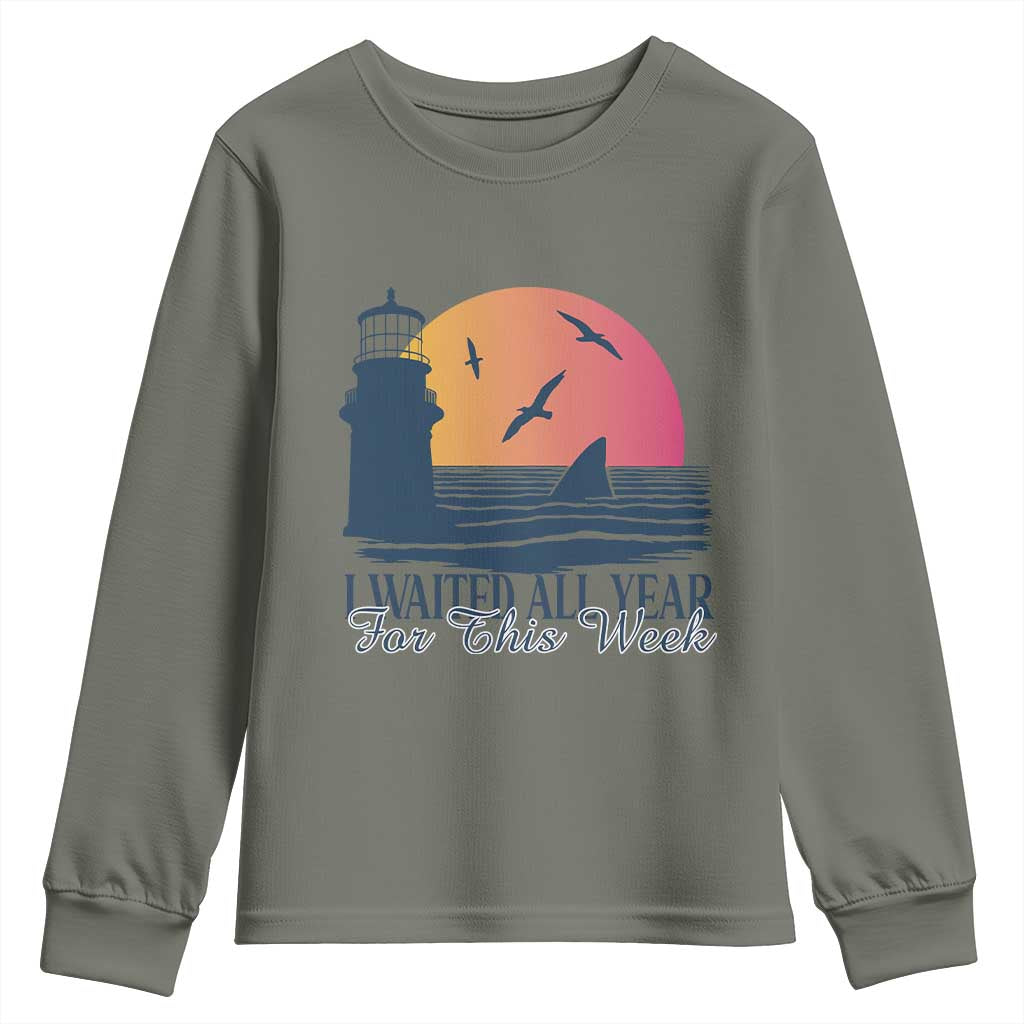 Funny Shark Lover Week Youth Sweatshirt I Waited All Year For This Week TS02 Military Green Print Your Wear