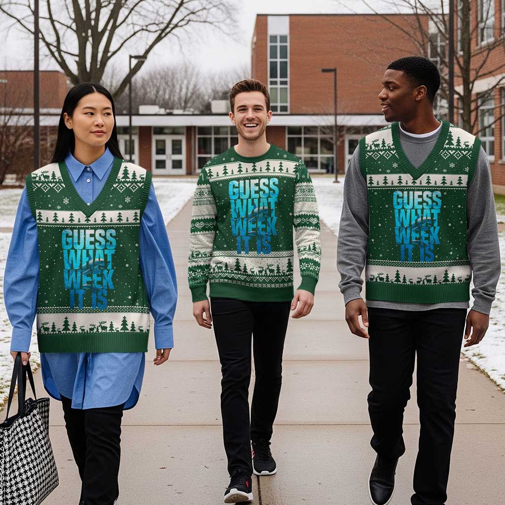 Funny Shark Lover Week V-Neck Knit Sweater Vest Guess What Week It Is Blue Ocean TS02 Forest Green Beige Print Your Wear