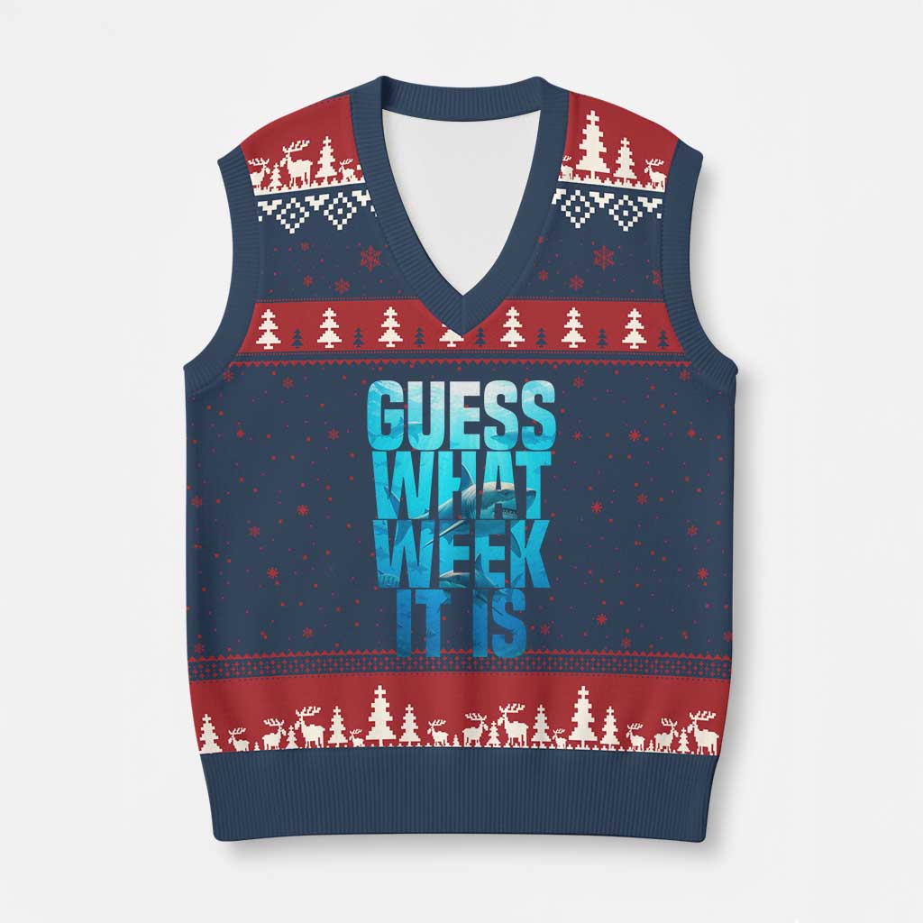 Funny Shark Lover Week V-Neck Knit Sweater Vest Guess What Week It Is Blue Ocean TS02 Navy Red Print Your Wear