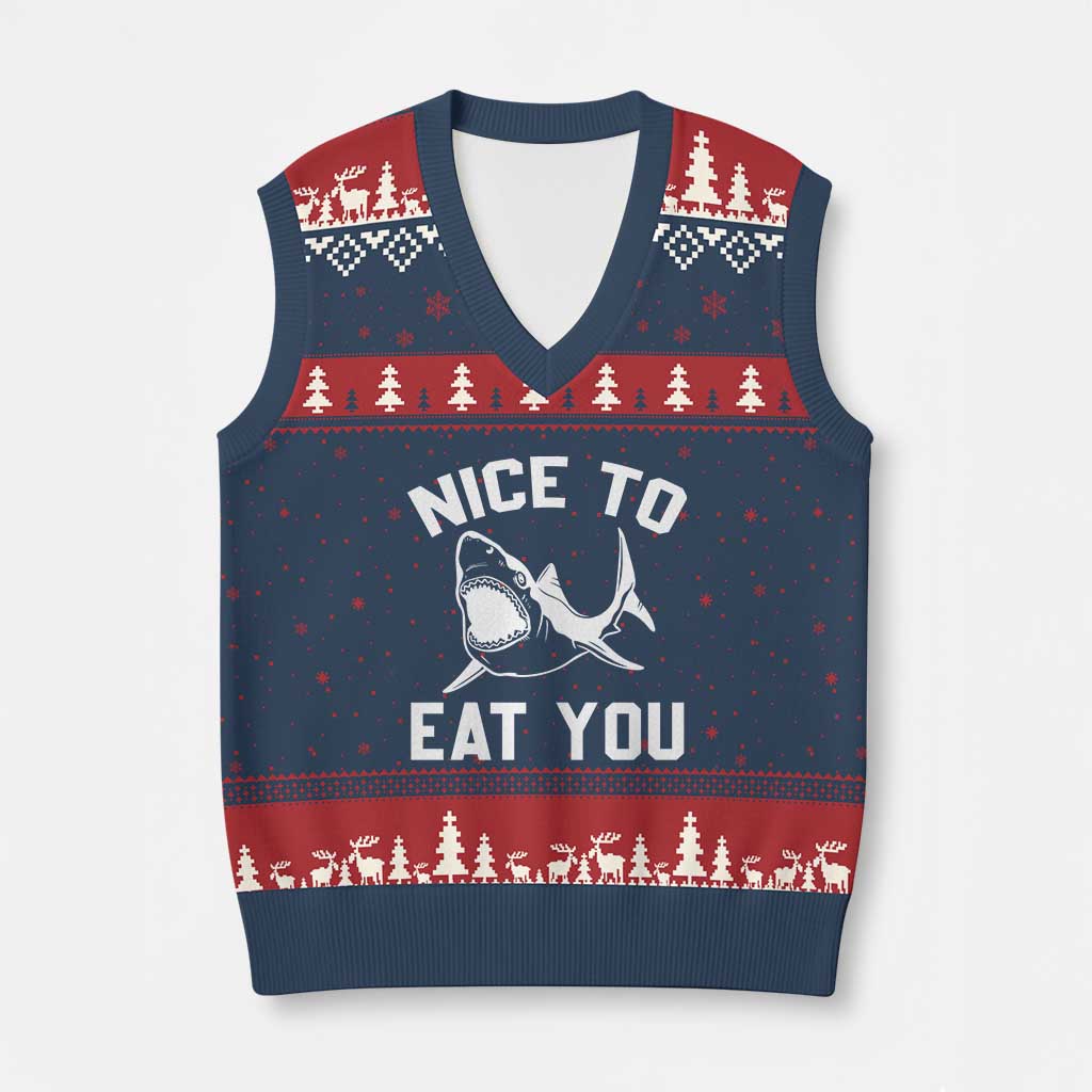 Funny Shark Lover V-Neck Knit Sweater Vest Nice To Eat You TS02 Navy Red Print Your Wear