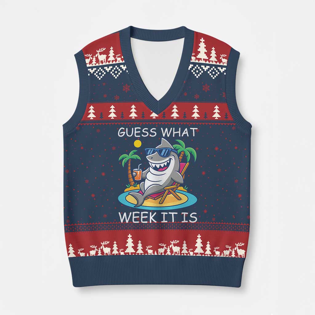 Funny Shark Lover Week V-Neck Knit Sweater Vest Week Guess What Week It Is Summer Beach TS02 Navy Red Print Your Wear