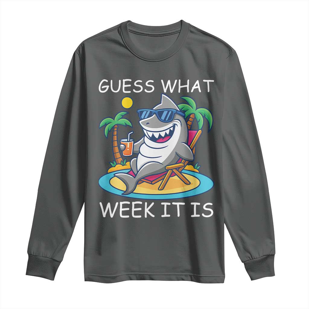 Funny Shark Lover Week Long Sleeve Shirt Week Guess What Week It Is Summer Beach TS02 Dark Heather Print Your Wear
