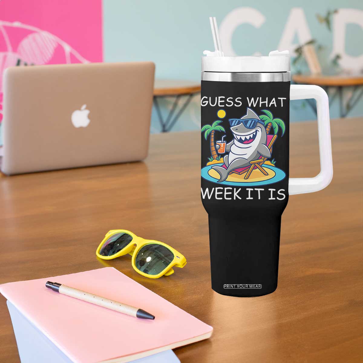 Funny Shark Lover Week Tumbler With Handle Week Guess What Week It Is Summer Beach TS02 Print Your Wear