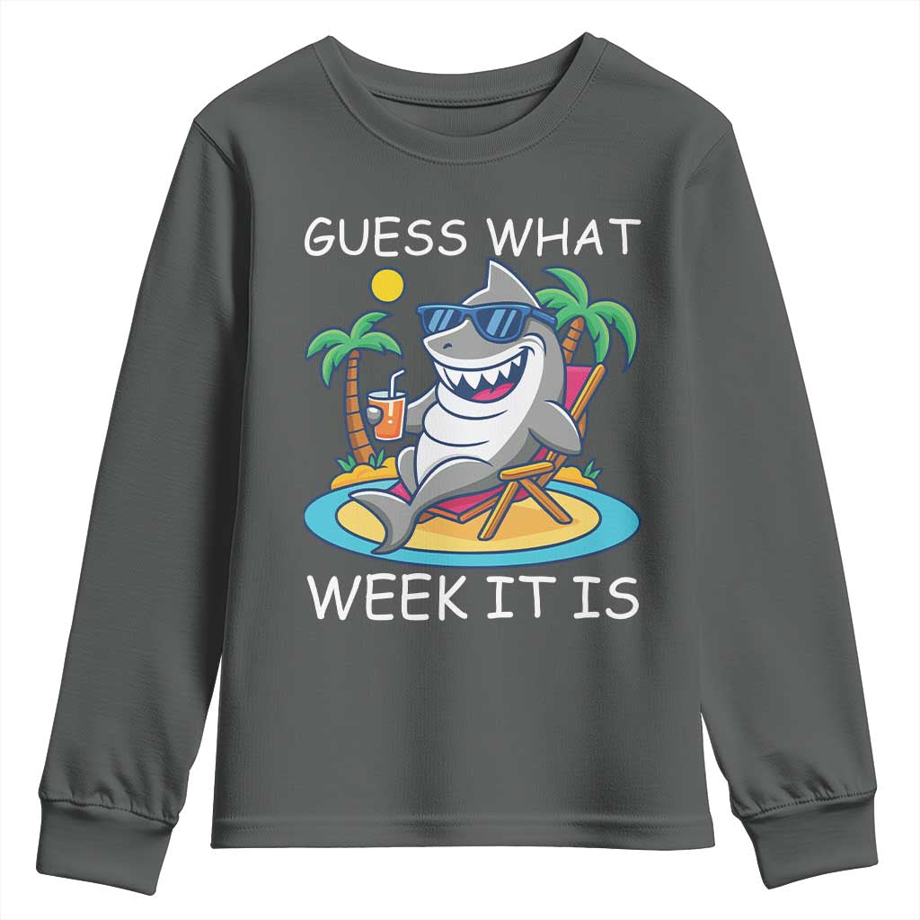 Funny Shark Lover Week Youth Sweatshirt Week Guess What Week It Is Summer Beach TS02 Dark Heather Print Your Wear