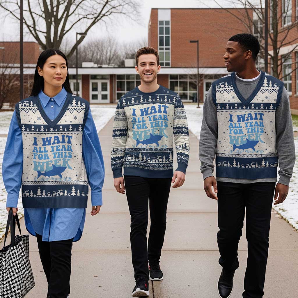 Funny Shark Lover Week V-Neck Knit Sweater Vest I Wait All Year For This Week Ocean TS02 Beige Navy Print Your Wear