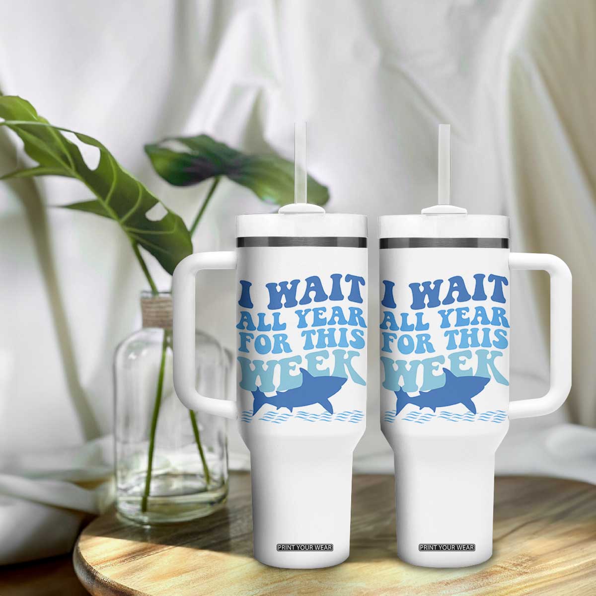 Funny Shark Lover Week Tumbler With Handle I Wait All Year For This Week Ocean TS02 Print Your Wear