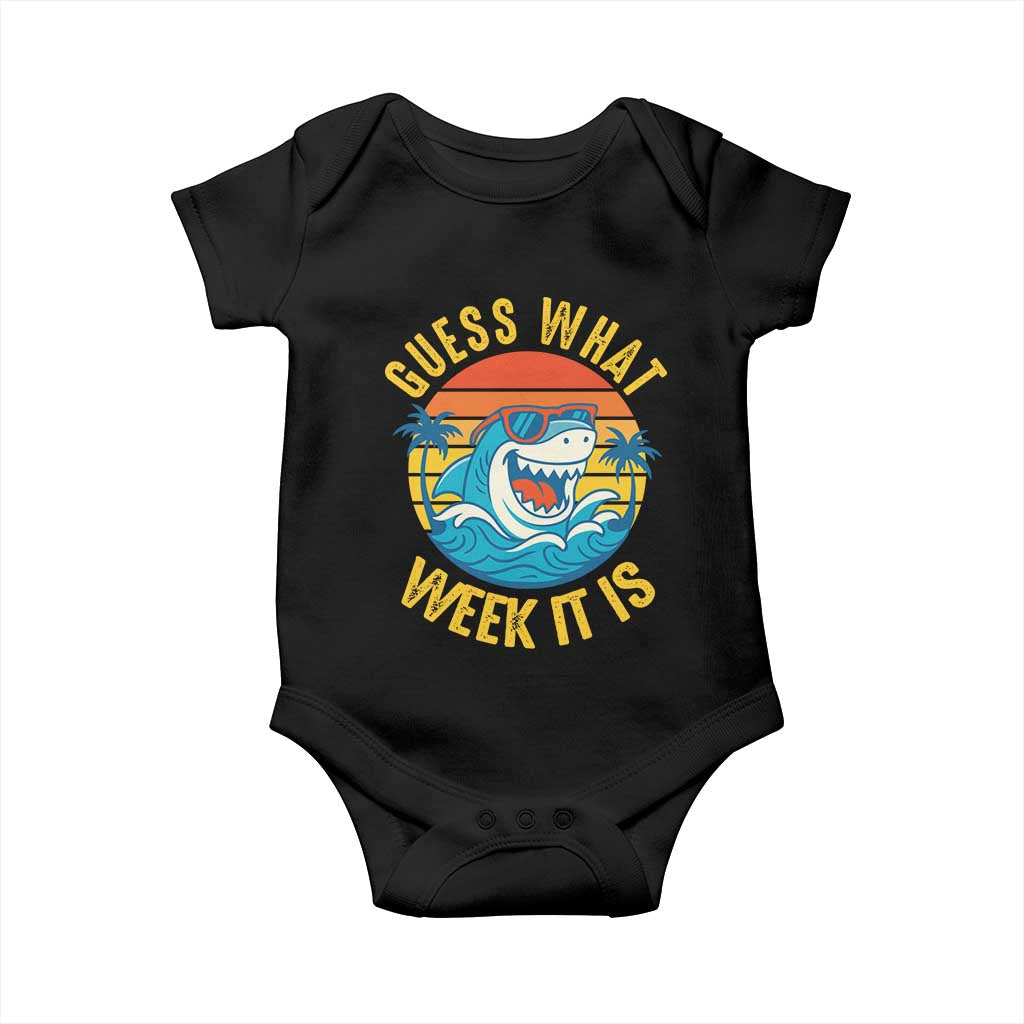 Funny Shark Lover Week Baby Onesie Guess What Week It Is Ocean Wildlife Retro Sunset TS02 Black Print Your Wear