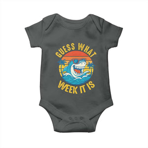 Funny Shark Lover Week Baby Onesie Guess What Week It Is Ocean Wildlife Retro Sunset TS02 Dark Heather Print Your Wear