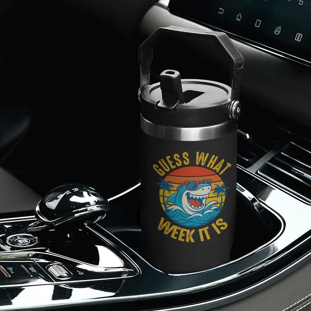 Funny Shark Lover Week Flip Straw Tumbler Guess What Week It Is Ocean Wildlife Retro Sunset TS02 Print Your Wear