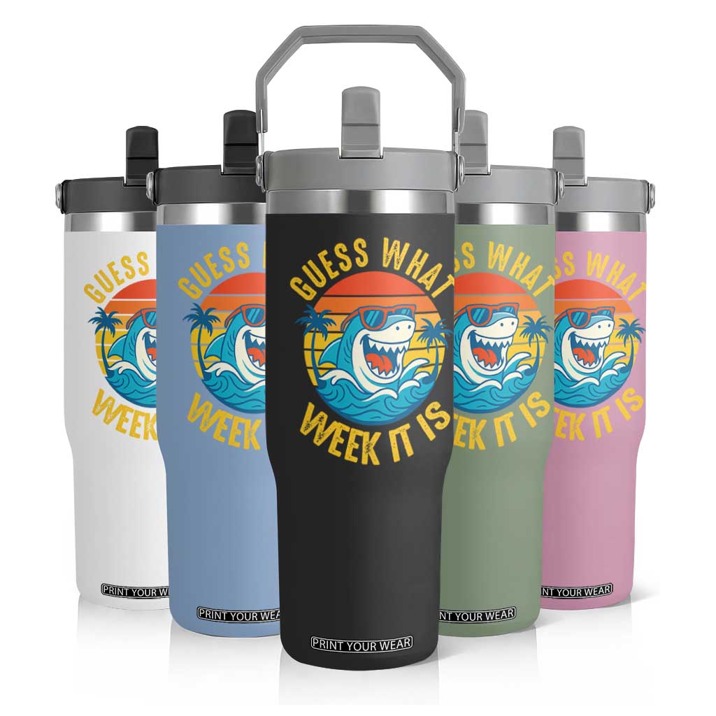 Funny Shark Lover Week Flip Straw Tumbler Guess What Week It Is Ocean Wildlife Retro Sunset TS02 Print Your Wear